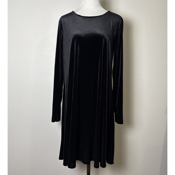 Old Navy Black Velvet Swing Dress SZ Large Whimsigoth Dark Romantic Long Sleeve - Picture 1 of 9